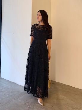 「LAGUNAMOON（ラグナムーン）のLADYスパークエンブロイダリーワンピース（ドレス、ブラック系）」を使った、NANAMI NAKAMURAさん（レディース・160cm）の秋コーディネート