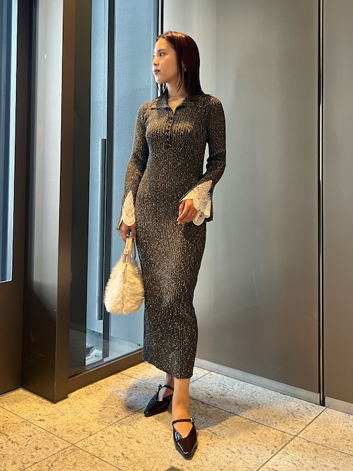 ラグナムーン　レーススリーブネップリブニットワンピース セール】レーススリーブネップリブニットワンピース（ワンピース