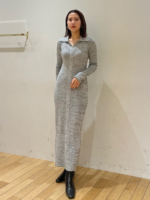 ラグナムーン♡グレー 襟付きニットロングワンピース Mサイズ セール】ランダムリブビッグカラーニットワンピース（ワンピース