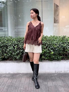 「LAGUNAMOON（ラグナムーン）のダブルクロスショートパンツ（その他パンツ、ホワイト系）」を使った、NANAMI NAKAMURAさん（レディース・160cm）の夏コーディネート