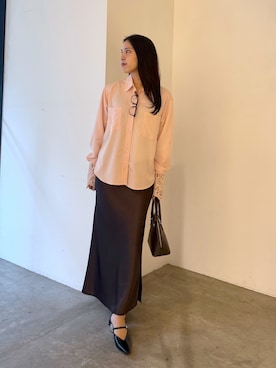 「LAGUNAMOON（ラグナムーン）の【WEB限定】レースカフスシャツ（シャツ/ブラウス、ピンク系）」を使った、NANAMI NAKAMURAさん（レディース・160cm）の夏コーディネート