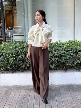 「LAGUNAMOON（ラグナムーン）のバイカラーベルトパンツ（その他パンツ、ブラウン系）」を使った、NANAMI NAKAMURAさん（レディース・160cm）の夏コーディネート