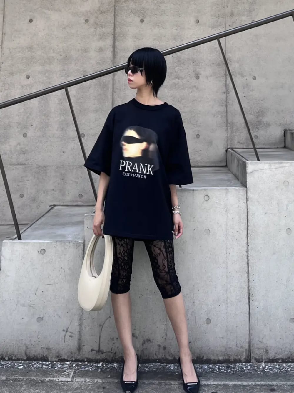 「prankproject、プランクプロジェクト」｜「PRANK PROJECTのFACEオーバートップ / FACE Overtop（Tシャツ/カットソー、ブラック系）」を使った、PRANK PROJECTさん（レディース・162cm）の夏コーディネートの1枚目の写真