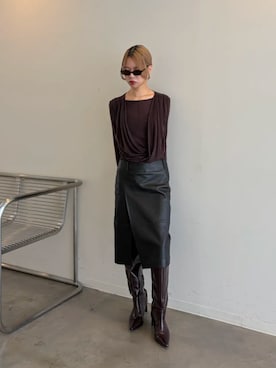 「PRANK PROJECT（プランクプロジェクト）の【2026Autumn Pre-Order】ワイドロングブーツ / Wide Long Boots（ブーツ、レッド系）」を使った、PRANK PROJECTさん（レディース・158cm）の秋コーディネート