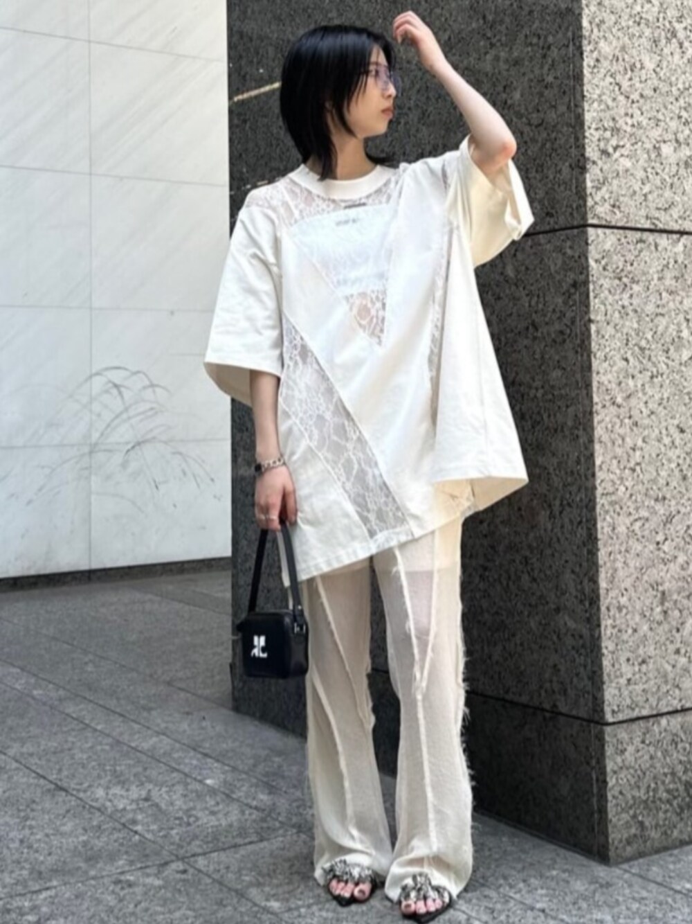 シースルーアウトシームフレアパンツ / See-Through Outseam