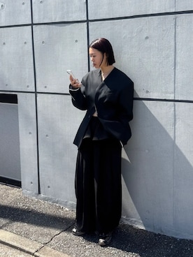 「PRANK PROJECT（プランクプロジェクト）のラウンドショルダーノーカラージャケット / Round Shoulder No-Collar Jacket（ノーカラージャケット、ブラック系）」を使った、PRANK PROJECTさん（レディース・170cm）の春コーディネート