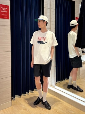 「NOLLEY’S（ノーリーズ）の撥水メッシュカーゴショートパンツ 26SS（その他パンツ、ブラック系）」を使った、やまだ りさん（メンズ・173cm）の夏コーディネート