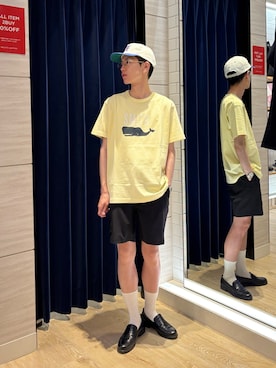 「BARNS OUTFITTERS（バーンズアウトフィッターズ）の【BARNS OUTFITTERS】別注 SMITH プリントTシャツ 26SS（Tシャツ/カットソー、ホワイト系）」を使った、やまだ りさん（メンズ・173cm）の夏コーディネート