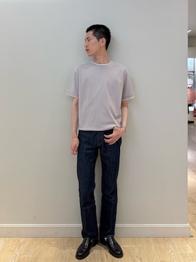 「NOLLEY’S（ノーリーズ）の超長綿ハイゲージポンチ フェイクレイヤードTシャツ 26SS（Tシャツ/カットソー、グレー系）」を使った、やまだ りさん（メンズ・173cm）の夏コーディネート