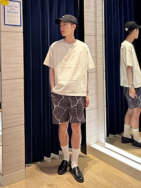 「NOLLEY’S（ノーリーズ）の【BECシリーズ】コンパクトコーマ ワイドシルエットＴシャツ 26SS（Tシャツ/カットソー、ベージュ系）」を使った、やまだ りさん（メンズ・173cm）の夏コーディネート