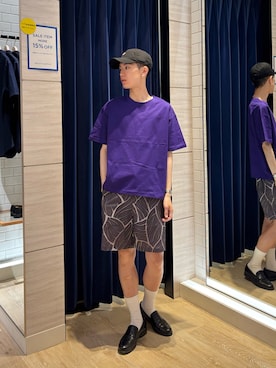 「NOLLEY’S（ノーリーズ）の【BECシリーズ】コンパクトコーマ ワイドシルエットＴシャツ 26SS（Tシャツ/カットソー、パープル系）」を使った、やまだ りさん（メンズ・173cm）の夏コーディネート