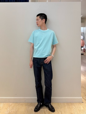 「NOLLEY’S（ノーリーズ）の超長綿ハイゲージポンチ フェイクレイヤードTシャツ 26SS（Tシャツ/カットソー、グリーン系）」を使った、やまだ りさん（メンズ・173cm）の夏コーディネート