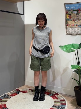 「CPCM（シーピーシーエム）の接触冷感ワッフル2WAYタンク（キャミソール、グレー系）」を使った、tmktomokaさん（レディース・154cm）の夏コーディネート