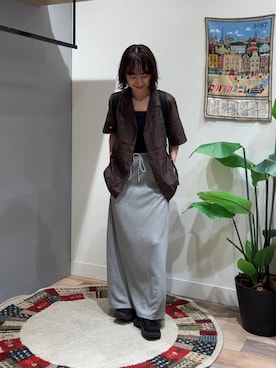 「CPCM（シーピーシーエム）の【セットアップ着用可】パッチワーク刺繍半袖シアーシャツ（シャツ/ブラウス、ブラウン系）」を使った、tmktomokaさん（レディース・154cm）の夏コーディネート