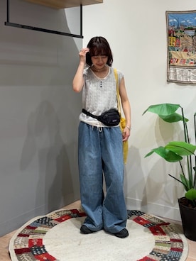「CPCM（シーピーシーエム）のフェイクレイヤードケーブルノースリニット（ニット/セーター、グレー系）」を使った、tmktomokaさん（レディース・154cm）の夏コーディネート