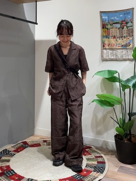 「CPCM（シーピーシーエム）の【セットアップ着用可】パッチワーク刺繍半袖シアーシャツ（シャツ/ブラウス、ブラウン系）」を使った、tmktomokaさん（レディース・154cm）の夏コーディネート