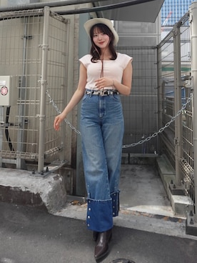 「CALNAMUR（カルナムール）のカップ付きフレンチスリーブトップス（Tシャツ/カットソー、ピンク系）」を使った、amiさん（レディース・158cm）の春コーディネート