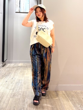 「NOMINE（ノミネ）の【セットアップ対応】ペイント柄 ドロストコード タックパンツ（その他パンツ、ブラウン系）」を使った、natsuki20190601さん（レディース・147cm）の夏コーディネート