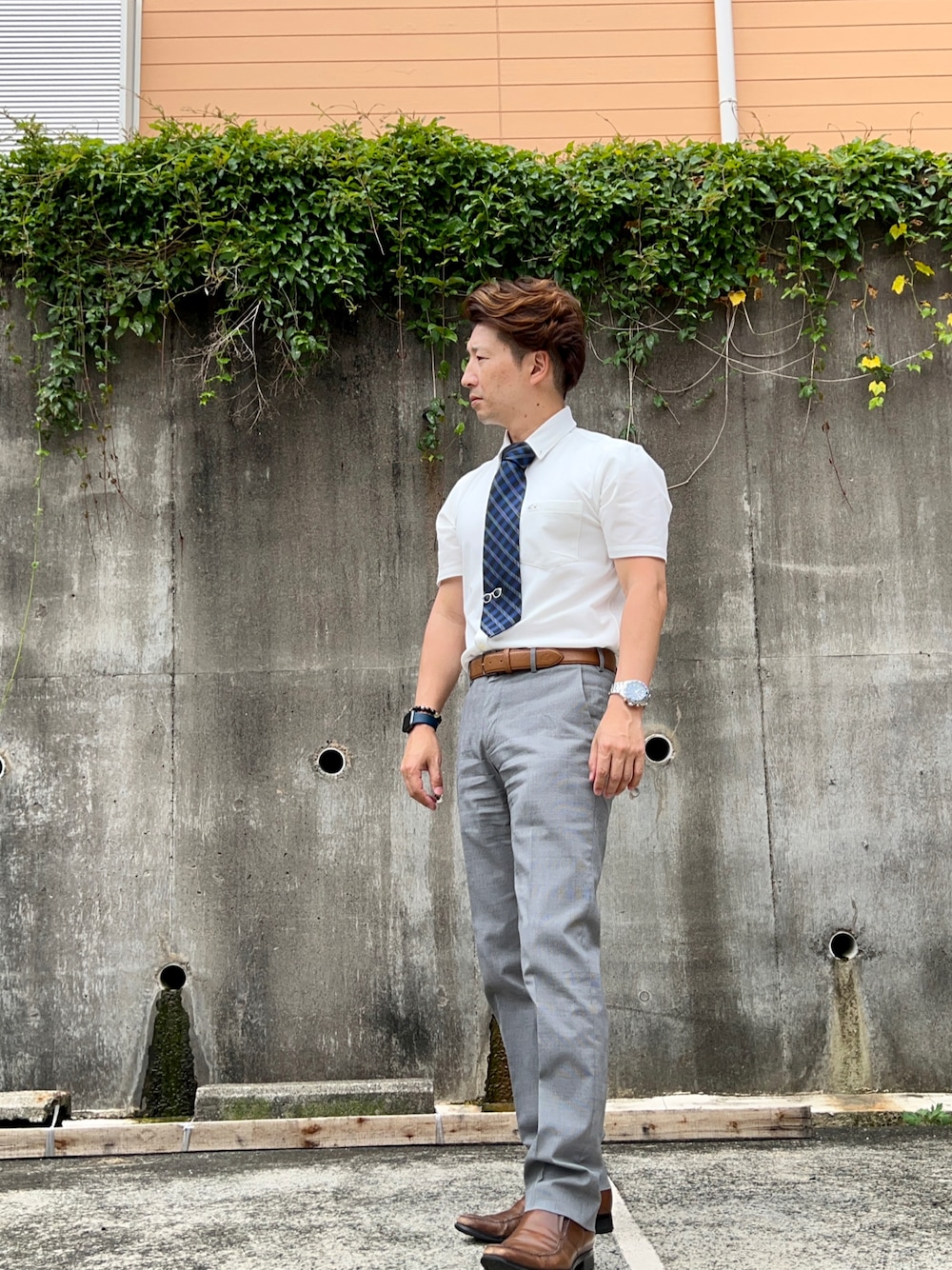 「ラコステ、ラコステおじさん、ラコステコーデ、ラコステ小倉店」｜「LACOSTEのアイテム（ビジネスシャツ、ホワイト系）」を使った、lacosteojiさん（メンズ・170cm）の夏コーディネートの1枚目の写真