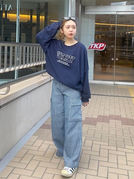 「カーゴパンツコーデ」｜「アイテム（スウェット）」を使った、後藤茉耶さん（レディース・154cm）の夏コーディネート