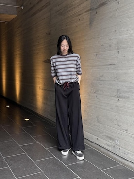 「Saturdays NYC（サタデーズ ニューヨークシティ ）のPacho Stripe Knit Top（Tシャツ/カットソー、パープル系）」を使った、EMIさん（レディース・165cm）の春コーディネート