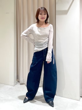 「FREE'S MART（フリーズマート）の◆メランジドロストシャーリングカットソー（Tシャツ/カットソー、ホワイト系）」を使った、harunaさん（レディース・149cm）の冬コーディネート