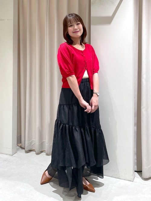 OBLIパフスリーブ ニットカーディガン green label relaxing カーディガン パフ シアー ニット