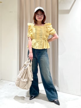 「FREE'S MART（フリーズマート）の[低身長サイズ/Sシリーズ]サイドパネルヴィンテージワイドデニム（デニムパンツ、ブルー系）」を使った、harunaさん（レディース・149cm）の春コーディネート