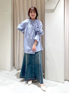 「FREE'S MART（フリーズマート）の◆パネルフリンジマーメイドデニムスカート（スカート、ブルー系）」を使った、harunaさん（レディース・149cm）の冬コーディネート