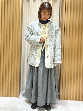 「秋」｜「アイテム（ノーカラージャケット）」を使った、あかりさん（レディース・153cm）の秋コーディネート