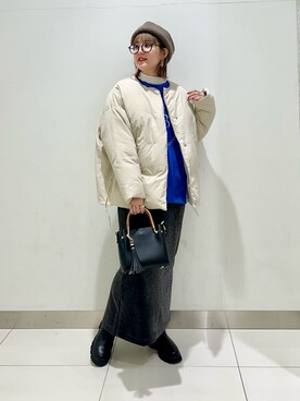「帽子」｜「アイテム（ダウンジャケット/コート）」を使った、namさん（レディース・160cm）の冬コーディネート