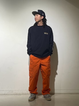 「アイテム（カーゴパンツ、オレンジ系）」を使った、tomoさん（メンズ・173cm）の冬コーディネート