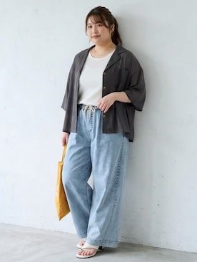 「nissen（ニッセン）の＜大きいサイズ＞【接触冷感】ライトオンスプチワイドストレートパンツ（ゆったりヒップ）（パンツ、ブルー系）」を使った、nissen AI Modelsさん（レディース・160cm）の夏コーディネート