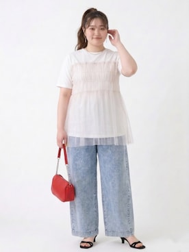 「nissen（ニッセン）の＜大きいサイズ＞【接触冷感】ライトオンスプチワイドストレートパンツ（ゆったりヒップ）（パンツ、ブルー系）」を使った、nissen AI Modelsさん（レディース・160cm）の春コーディネート