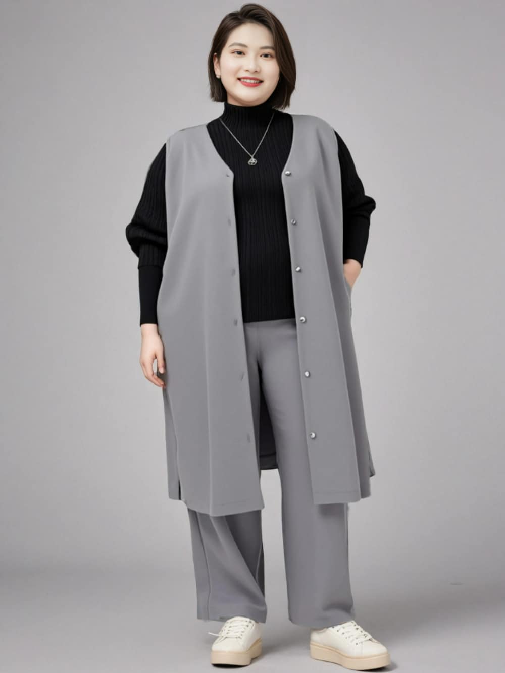 ブラック系のニット/セーター、グレー系のワンピース、グレー系のスラックスを着用したレディースの夏コーディネートの1枚目の写真