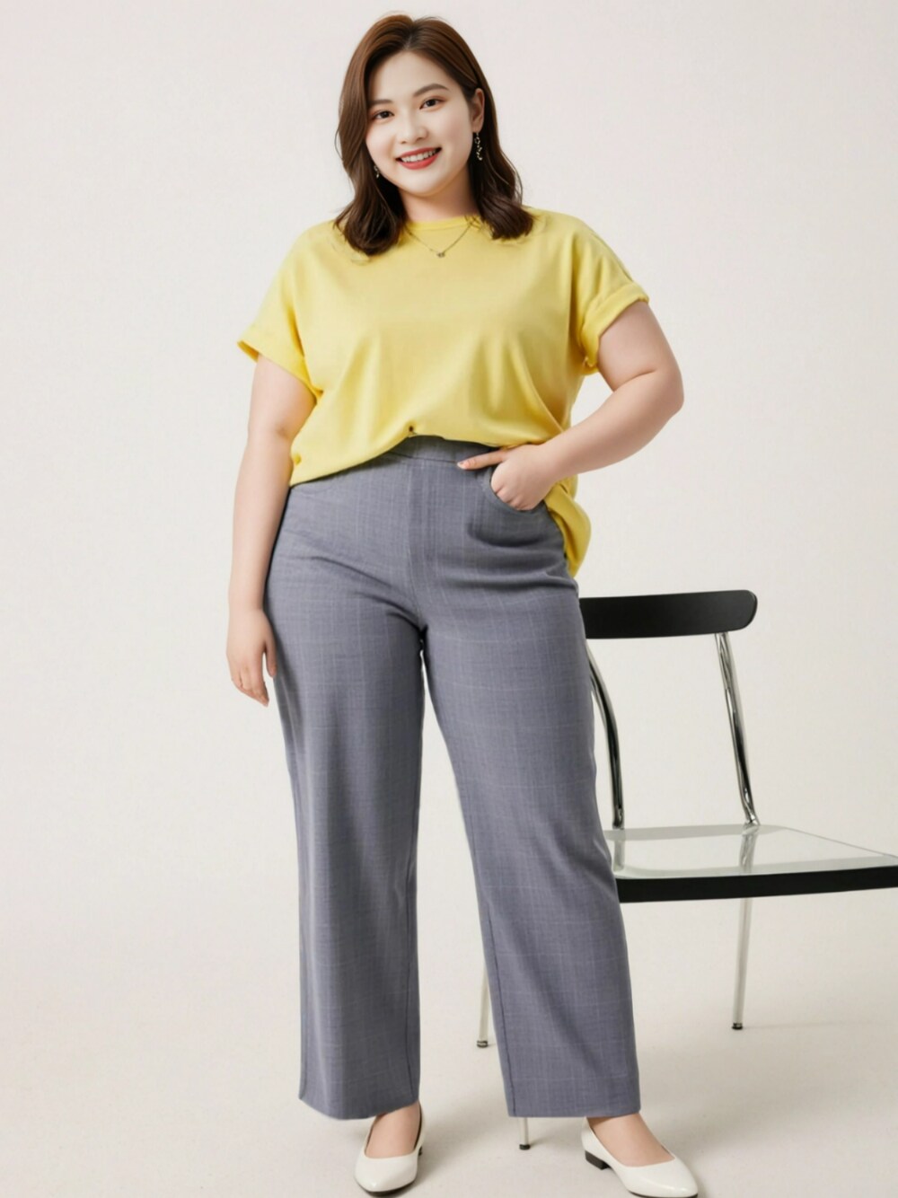 イエロー系のニット/セーター、グレー系のパンツを着用したレディースの夏コーディネートの1枚目の写真