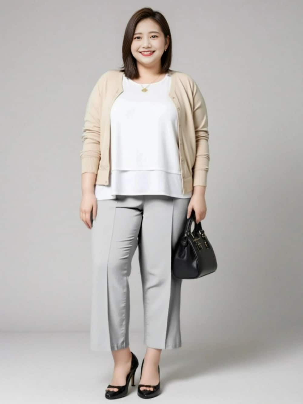 グレー系のスーツセット、ホワイト系のシャツ/ブラウス、ベージュ系のカーディガン/ボレロを着用したレディースの春コーディネートの1枚目の写真
