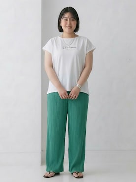 「nissen（ニッセン）の＜大きいサイズ＞アクティブメッシュフレンチプリントTシャツ（吸汗速乾・UVカット）（スポーツグッズ、ホワイト系）」を使った、nissen AI Modelsさん（レディース・160cm）の春コーディネート