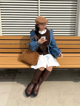 「トレンド秋素材コーデ」｜「アイテム（帽子）」を使った、みおさん（レディース・157cm）の秋コーディネート