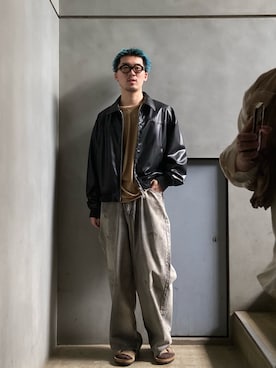 「Toironier（トワロニエ）のToironier/トワロニエ/Artificial Leather Work（ブルゾン、ブラック系）」を使った、小林優翔さん（メンズ・177cm）の春コーディネート