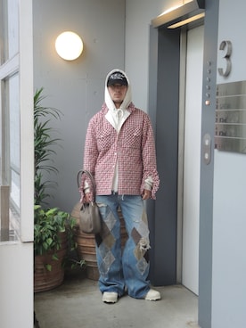 「MASU（エムエーエスユー）のPRINCE PUFFER PLAID SHIRT（シャツ/ブラウス、レッド系）」を使った、小林優翔さん（メンズ・177cm）の秋コーディネート