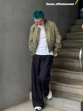 「MASU（エムエーエスユー）のVICTORIAN BOMBER JACKET（ブルゾン、グリーン系）」を使った、小林優翔さん（メンズ・177cm）の春コーディネート