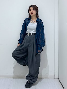 「PAGEBOY（ページボーイ）のレースジャガードシアーシャツ（シャツ/ブラウス、ブルー系）」を使った、ayaさん（レディース・152cm）の夏コーディネート