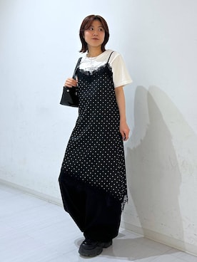 「PAGEBOY（ページボーイ）のレース×ドットキャミワンピース（チュニック、ブラック系）」を使った、ayaさん（レディース・152cm）の夏コーディネート