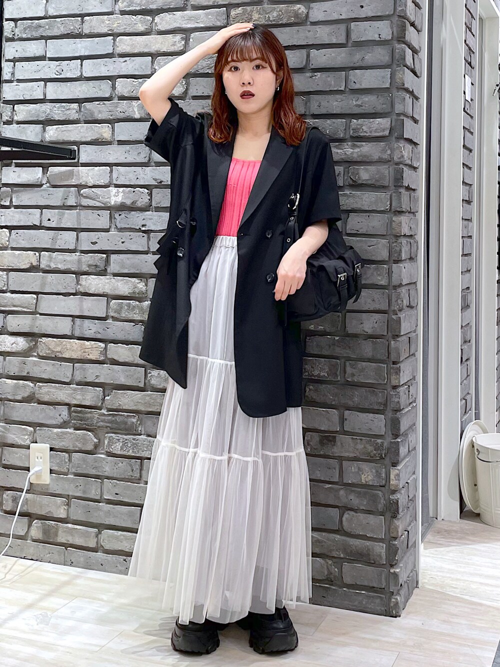 「きれいめカジュアル、休日スタイル、低身長コーデ、チュールスカート、デートコーデ、夏ファッション、PAGEBOY、ジャケット、骨格ウェーブ、レディースファッション」｜「PAGEBOYのレイヤードチュールスカート（スカート、ホワイト系）」を使った、ayaさん（レディース・152cm）の春コーディネートの1枚目の写真
