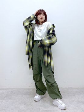 「PAGEBOY（ページボーイ）のオンブレチェックルーズシャツ（シャツ/ブラウス）」を使った、ayaさん（レディース・152cm）の夏コーディネート