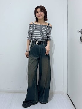 「PAGEBOY（ページボーイ）の＜まるでデニム見え！/紫外線カット/接触冷感/ストレッチ＞マルデニメガレッグパンツ（デニムパンツ、グリーン系）」を使った、ayaさん（レディース・152cm）の夏コーディネート