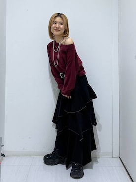 「PAGEBOY（ページボーイ）のハイショクステッチイレヘムスカート【ウエストゴム/ストレスフリー/裏地付き】（スカート、ブラック系）」を使った、ayaさん（レディース・152cm）の秋コーディネート