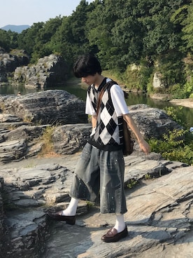 「soerte（ソエルテ）のAssortment buggy half pants / アソートメントバギーハーフパンツ（デニムパンツ）」を使った、^_−☆さん（メンズ・173cm）の夏コーディネート