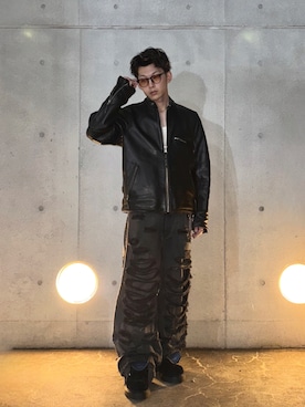 「アイテム（ライダースジャケット）」を使った、yuさん（メンズ・167cm）の秋コーディネート